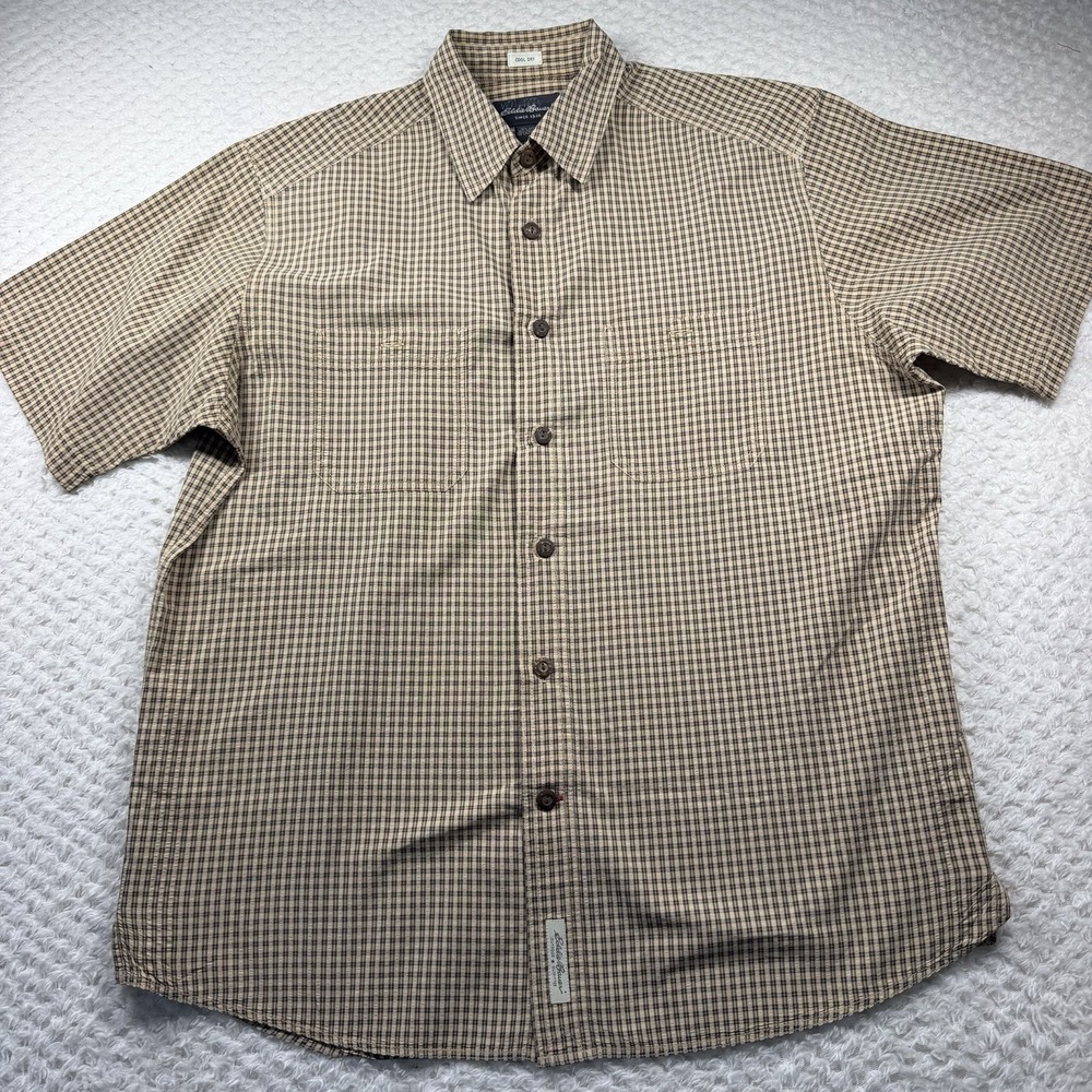 Eddie Bauer Shirt Mens Med Brown Plaid Button Up Short Sleeve Cool Dry Outdoor